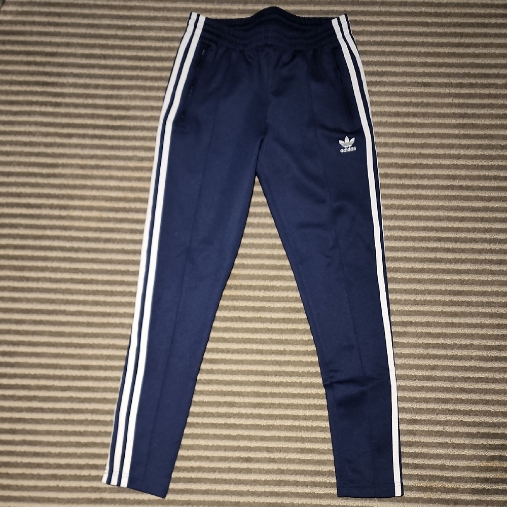 adidas Blue Track Pants with Slim Fit and Classic Stripes
